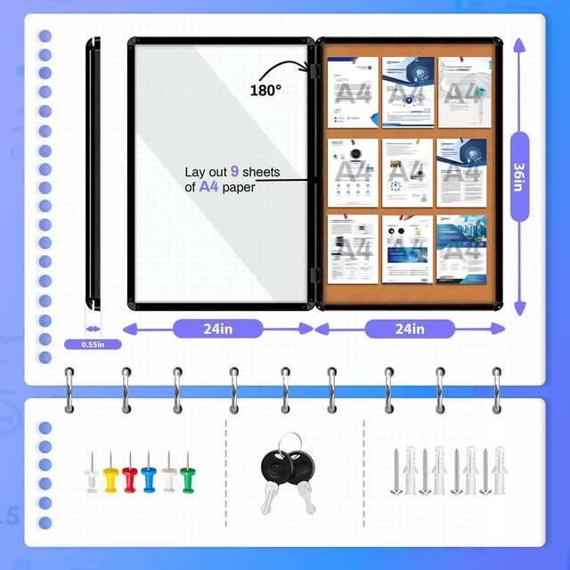 Alt view image 3 of 7 - 36"x24" Enclosed Bulletin Board Tamper-Proof Dispaly Case, Black Aluminium Frame, Shatter Resistant Lockable Bulletin Board, Enclosed Cork Board for School, Office,Commercial,Hospital etc