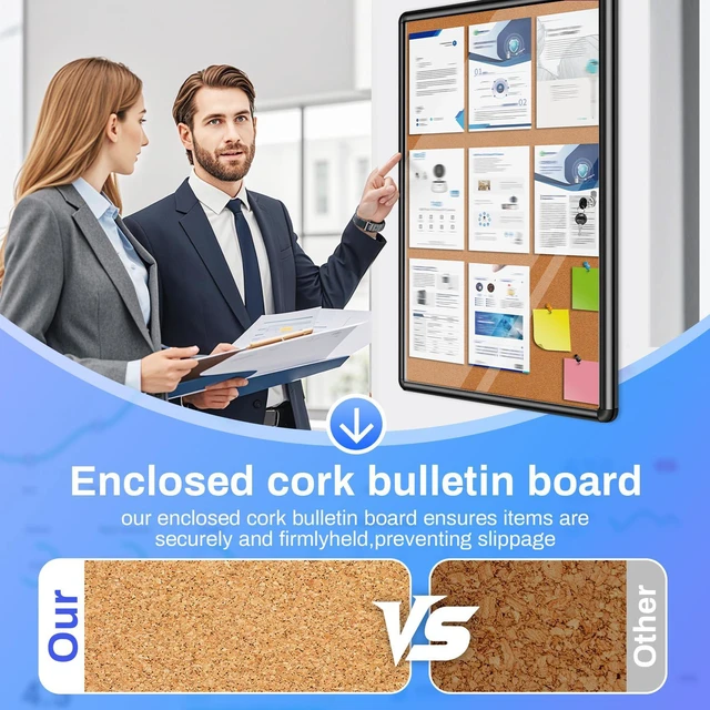 Alt view image 5 of 7 - 36"x24" Enclosed Bulletin Board Tamper-Proof Dispaly Case, Black Aluminium Frame, Shatter Resistant Lockable Bulletin Board, Enclosed Cork Board for School, Office,Commercial,Hospital etc