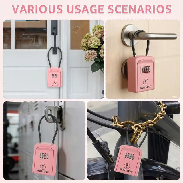 Alt view image 2 of 7 - ® Key Lock Box with Code, Portable Cable Shackle (Small, Pink) Holds 2-3 house keys or an access card; 11-in steel cable loops on gate or rail; weather-resistant; no app or battery