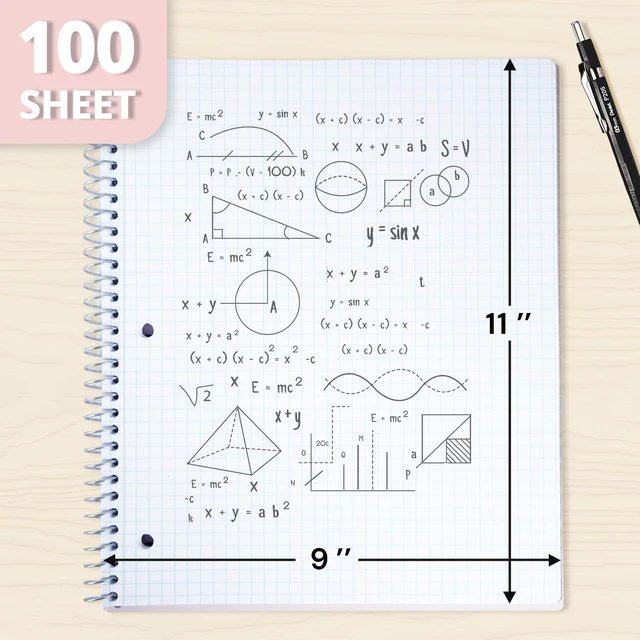 Alt view image 2 of 7 - 1 Subject Graph Paper Spiral Notebook, 200 Pages 100 Sheets, 9 x 11 in, Waterproof Plastic Cover, Durable, 3-Hole Punched, Divider, Double-Sided Pocket: Amazon.com