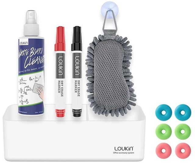 Main image of Magnetic Marker Holder Set, Whiteboard Accessory Tray Set, White All-In-One Set, 8.6" × 2.7", Holds 4 Erasers & 12 Markers, Supports 3.3 lb, 2 Mounting Options, Fits Glass and Refrigerators