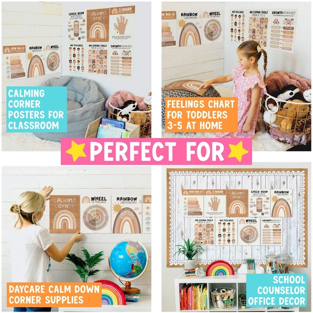 Alt view image 4 of 7 - 9 Calming Corner Classroom Must Haves, Coping & Feelings Poster for Kids Calm Corner Posters with Emotions Chart, School Counselor Mental Health Posters, Feelings Wheel Calming Classroom Decor