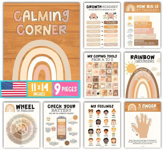 Main image of 9 Calming Corner Classroom Must Haves, Coping & Feelings Poster for Kids Calm Corner Posters with Emotions Chart, School Counselor Mental Health Posters, Feelings Wheel Calming Classroom Decor
