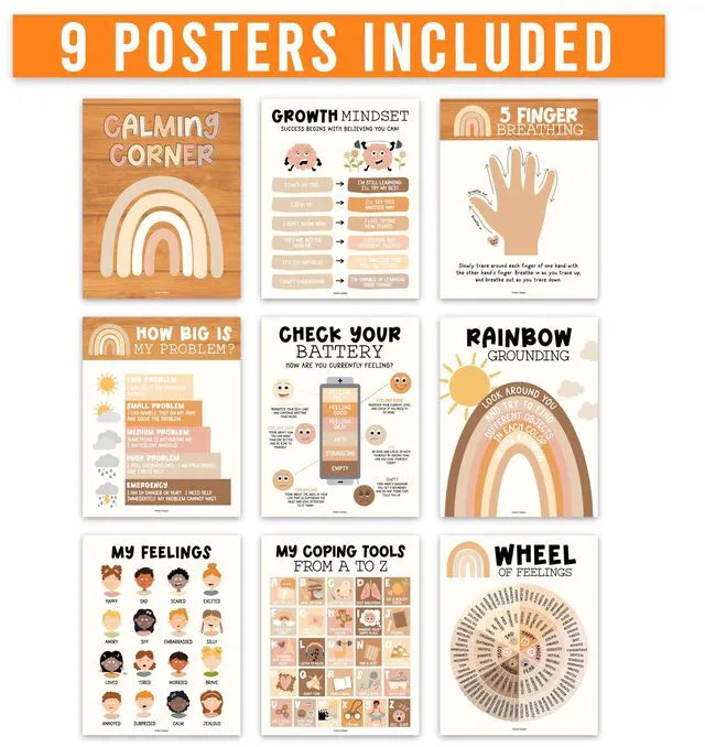 Alt view image 3 of 7 - 9 Calming Corner Classroom Must Haves, Coping & Feelings Poster for Kids Calm Corner Posters with Emotions Chart, School Counselor Mental Health Posters, Feelings Wheel Calming Classroom Decor