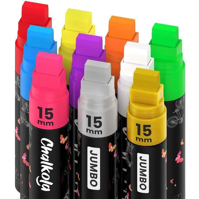 Main image of Car Window Markers - 15mm Jumbo, 10 Chalk Pens (w/Gold, Silver) 3 in 1 Nib, 15mm Fat Tip - Washable Liquid Chalk Markers for Blackboard, Chalkboard, Auto - Erasable Window Glass Pens