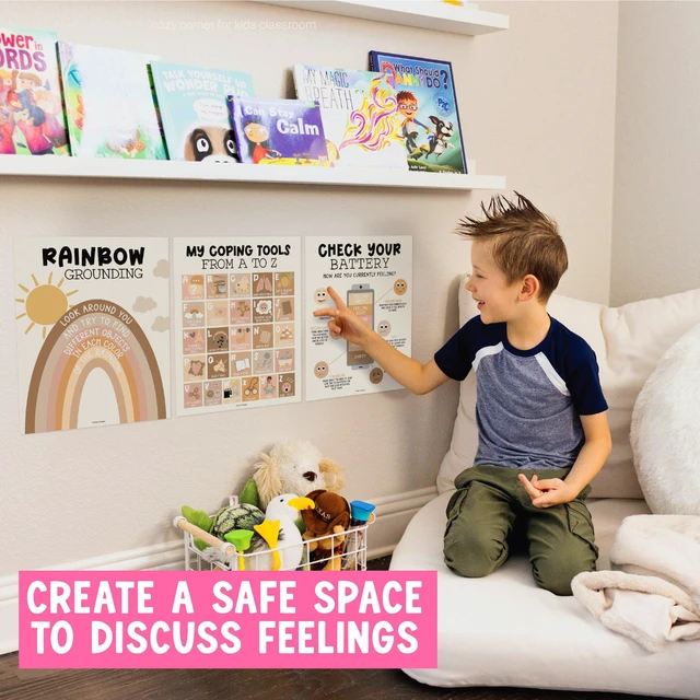 Alt view image 7 of 7 - 9 Calming Corner Classroom Must Haves, Coping & Feelings Poster for Kids Calm Corner Posters with Emotions Chart, School Counselor Mental Health Posters, Feelings Wheel Calming Classroom Decor