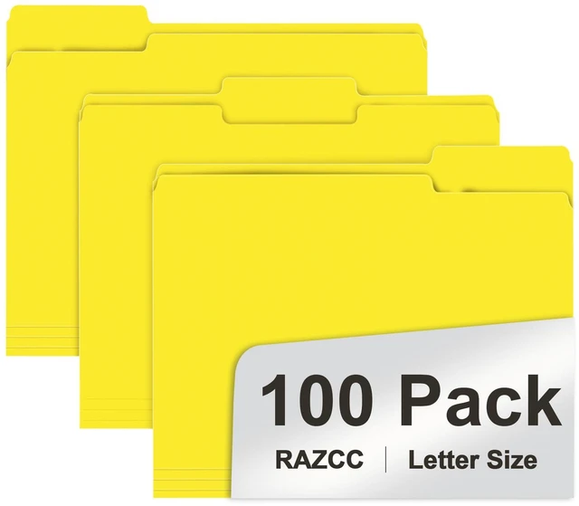 Main image of File Folders, 100-Pack, 1/3 Cut, Letter Size, Yellow, Great for Organizing and Easy File Storage