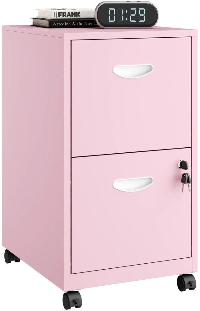 Main image of 2 Drawer Rolling File Cabinet with Lock for Home Office Metal Mobile Filing Cabinet on Wheels, Small Under Desk Storage, Fits Hanging Letter Size, Printer Stand, Pink