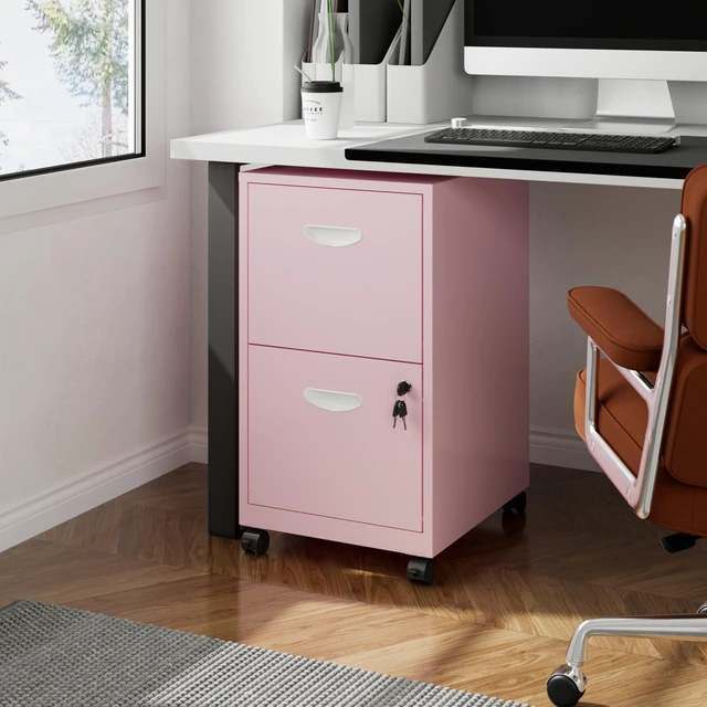 Alt view image 2 of 7 - 2 Drawer Rolling File Cabinet with Lock for Home Office Metal Mobile Filing Cabinet on Wheels, Small Under Desk Storage, Fits Hanging Letter Size, Printer Stand, Pink