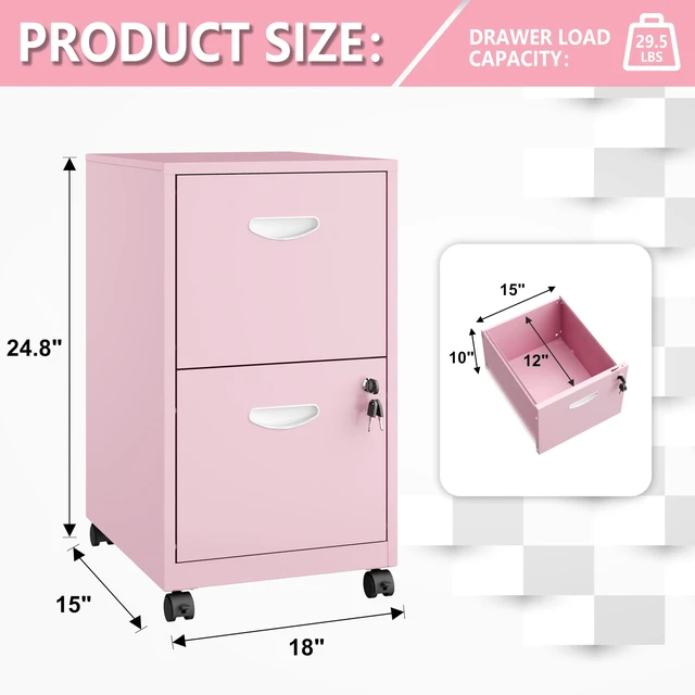 Alt view image 3 of 7 - 2 Drawer Rolling File Cabinet with Lock for Home Office Metal Mobile Filing Cabinet on Wheels, Small Under Desk Storage, Fits Hanging Letter Size, Printer Stand, Pink