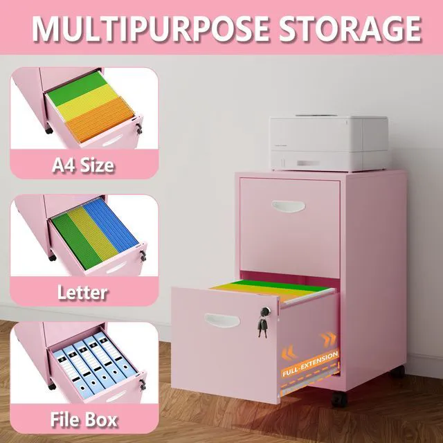 Alt view image 4 of 7 - 2 Drawer Rolling File Cabinet with Lock for Home Office Metal Mobile Filing Cabinet on Wheels, Small Under Desk Storage, Fits Hanging Letter Size, Printer Stand, Pink