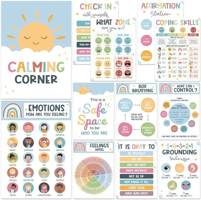 Main image of Calming Corner Classroom Posters, 12 Pack Boho Emotions Chart Feelings Wheel for Kids & Teachers, Calm Down Corner Supplies, Therapy Office Decor, Mental Health Decorations Preschool