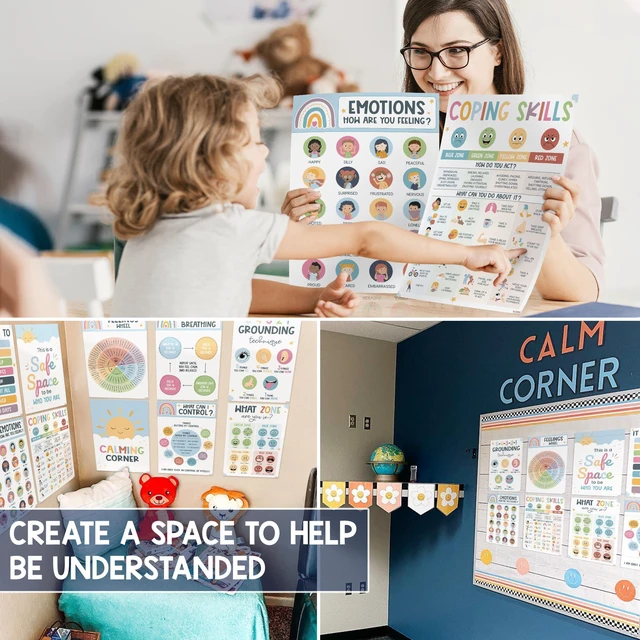 Alt view image 5 of 6 - Calming Corner Classroom Posters, 12 Pack Boho Emotions Chart Feelings Wheel for Kids & Teachers, Calm Down Corner Supplies, Therapy Office Decor, Mental Health Decorations Preschool