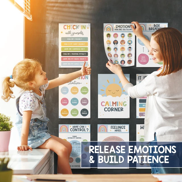Alt view image 4 of 6 - Calming Corner Classroom Posters, 12 Pack Boho Emotions Chart Feelings Wheel for Kids & Teachers, Calm Down Corner Supplies, Therapy Office Decor, Mental Health Decorations Preschool