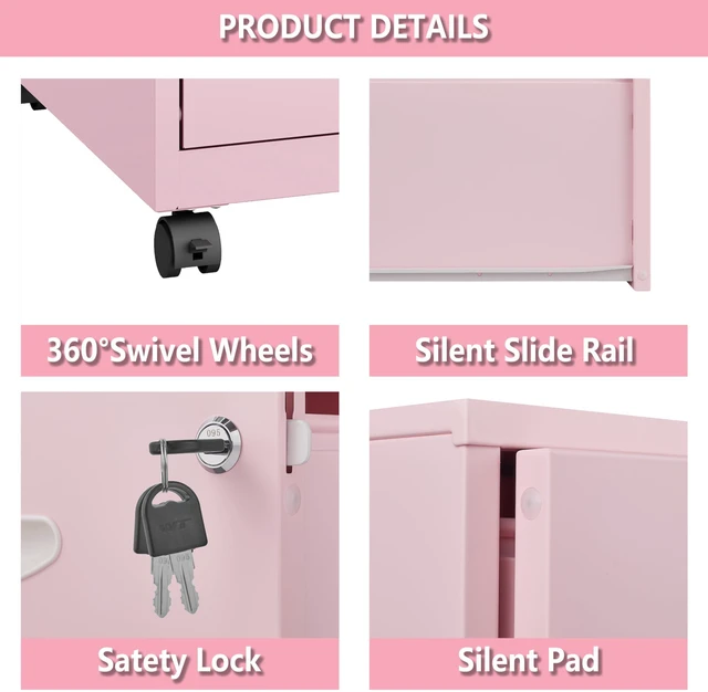 Alt view image 6 of 7 - 2 Drawer Rolling File Cabinet with Lock for Home Office Metal Mobile Filing Cabinet on Wheels, Small Under Desk Storage, Fits Hanging Letter Size, Printer Stand, Pink