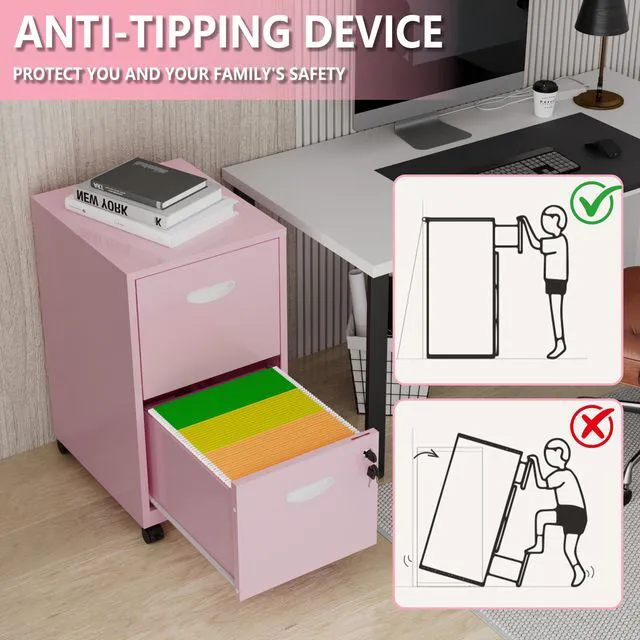 Alt view image 7 of 7 - 2 Drawer Rolling File Cabinet with Lock for Home Office Metal Mobile Filing Cabinet on Wheels, Small Under Desk Storage, Fits Hanging Letter Size, Printer Stand, Pink