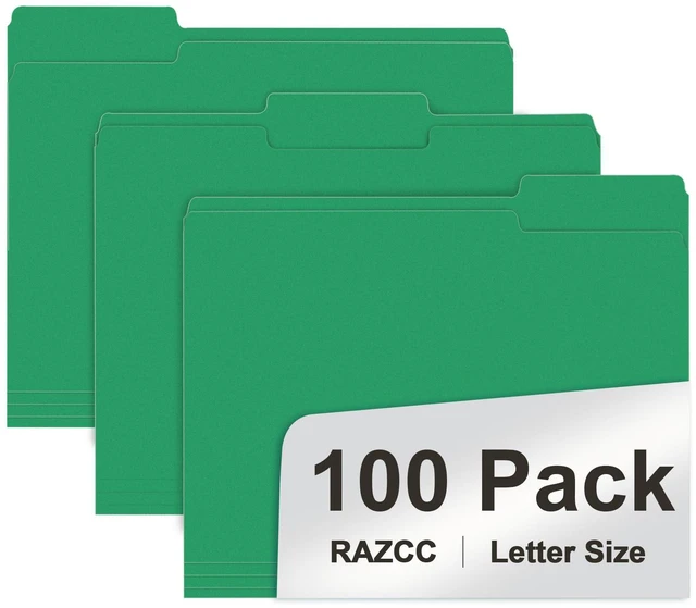 Main image of File Folder, 100 Pack 1/3 Cut Tab File Folders Letter Size, Creen, Colored Folders with Tab Great for Organizing and Easy File Storage
