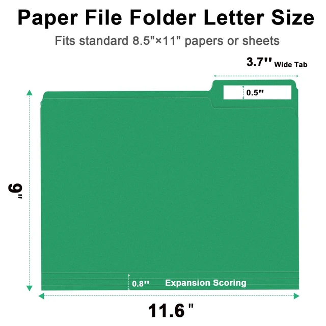 Alt view image 2 of 7 - File Folder, 100 Pack 1/3 Cut Tab File Folders Letter Size, Creen, Colored Folders with Tab Great for Organizing and Easy File Storage