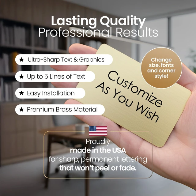 Alt view image 2 of 6 - Personalized, Brushed Gold Solid Brass Plate - Sizes 1x3, 1x4, 2x4, 2x6, 2x8, 3x6 - Picture Frame Name Label Art Tag for Frames, with Adhesive Backing - Indoor use only - 10 Tags