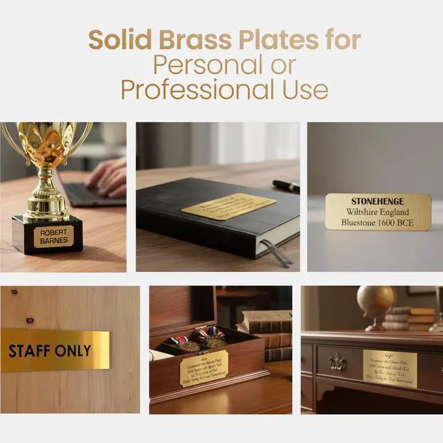 Alt view image 5 of 6 - Personalized, Brushed Gold Solid Brass Plate - Sizes 1x3, 1x4, 2x4, 2x6, 2x8, 3x6 - Picture Frame Name Label Art Tag for Frames, with Adhesive Backing - Indoor use only - 10 Tags
