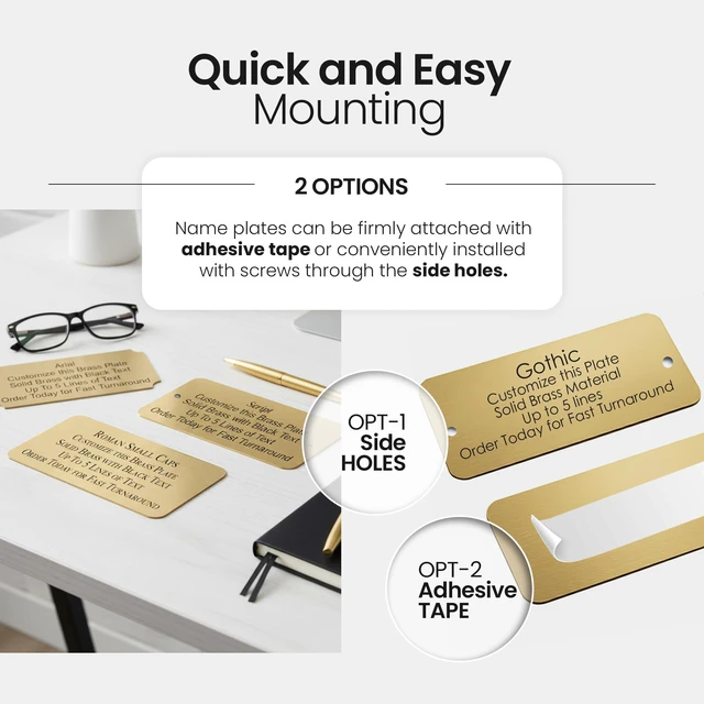 Alt view image 6 of 6 - Personalized, Brushed Gold Solid Brass Plate - Sizes 1x3, 1x4, 2x4, 2x6, 2x8, 3x6 - Picture Frame Name Label Art Tag for Frames, with Adhesive Backing - Indoor use only - 10 Tags