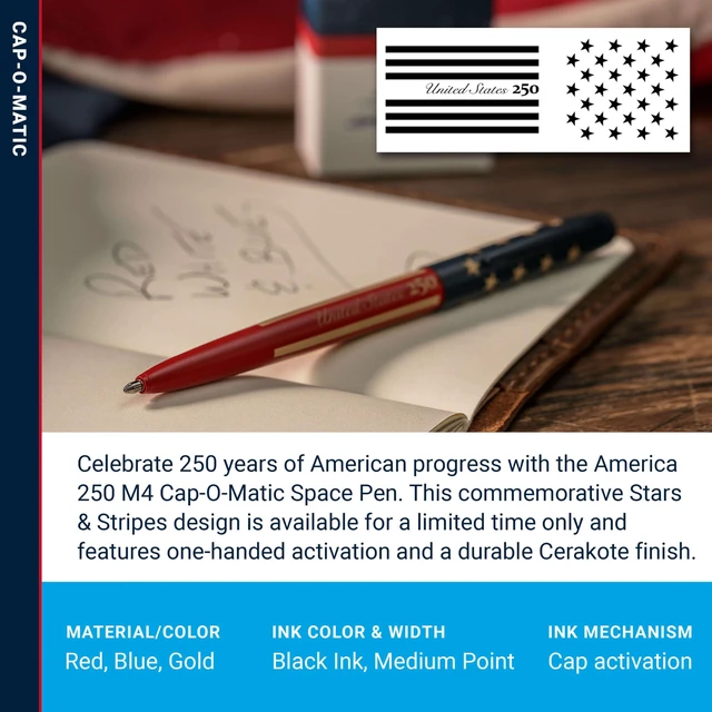 Alt view image 3 of 6 - Space Pen United States 250 Stars & Stripes, Cap-O-Matic Pen, Black Gift Box, Pressurized Ballpoint Pen, Writes Upside Down & in Extreme Temperatures, Medium Point, Pocket Clip, Made in the USA