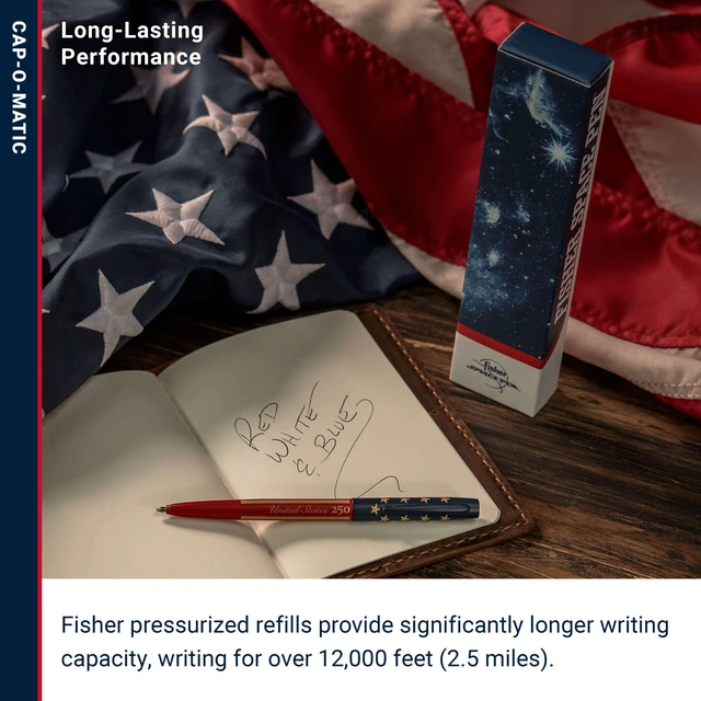 Alt view image 5 of 6 - Space Pen United States 250 Stars & Stripes, Cap-O-Matic Pen, Black Gift Box, Pressurized Ballpoint Pen, Writes Upside Down & in Extreme Temperatures, Medium Point, Pocket Clip, Made in the USA