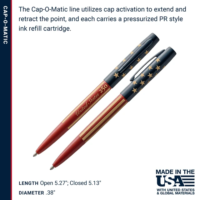 Alt view image 6 of 6 - Space Pen United States 250 Stars & Stripes, Cap-O-Matic Pen, Black Gift Box, Pressurized Ballpoint Pen, Writes Upside Down & in Extreme Temperatures, Medium Point, Pocket Clip, Made in the USA