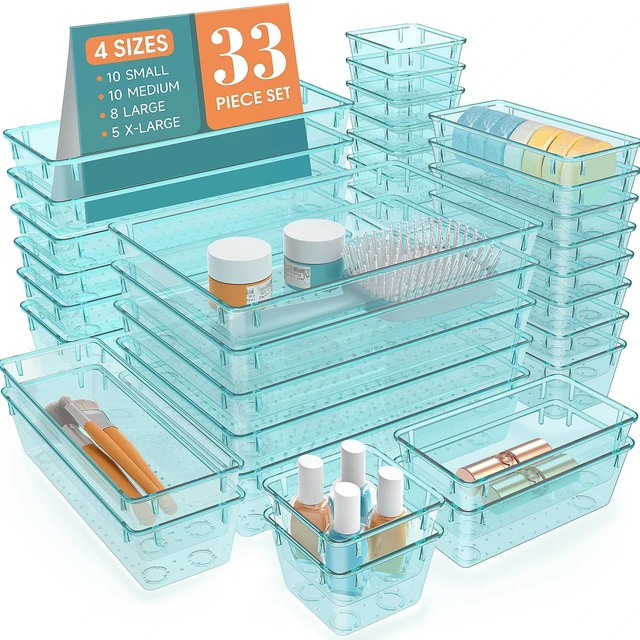 Main image of 33 PCS Plastic Drawer Organizers Set, 4 Size Desk Drawer Organizer Trays 4 Size Desk Drawer Organizer Trays for Makeup, Jewelry, Kitchen Utensils, Gadgets and Office