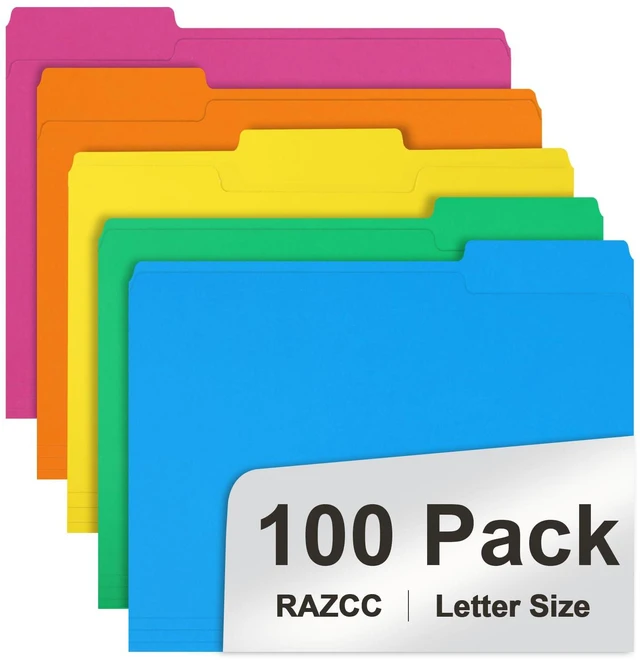 Main image of File Folder, 100 Pack 1/3 Cut Tab Colored File Folders, File Folder Letter Size for Office Classroom Use, Assorted 5 Colors Folders with Tabs