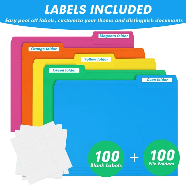 Alt view image 4 of 7 - File Folder, 100 Pack 1/3 Cut Tab Colored File Folders, File Folder Letter Size for Office Classroom Use, Assorted 5 Colors Folders with Tabs