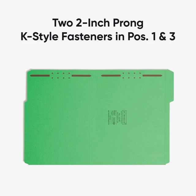 Alt view image 6 of 7 - Fastener File Folders, Reinforced 1/3-Cut Tabs, 2 Fasteners, Letter Size, Green, 50 per Box (12140)