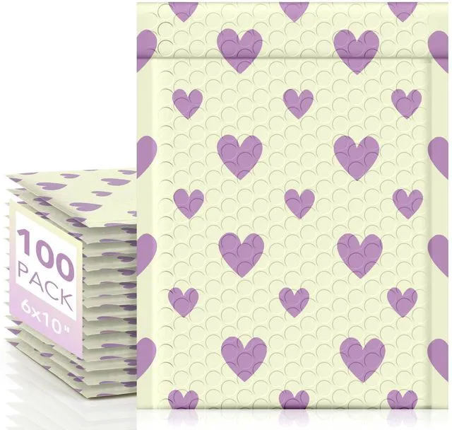 Main image of Bubble Mailers 6x10" Padded Envelopes 100 Pack Usable Size 6x9" #0 Self Seal Bubble Envelopes Small Padded Mailers for Small Business Shipping Bag, Gifts, Jewelry, Makeup,Purple Heart In Beige