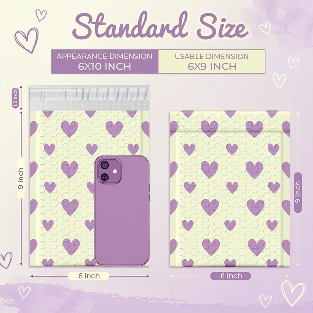 Alt view image 2 of 7 - Bubble Mailers 6x10" Padded Envelopes 100 Pack Usable Size 6x9" #0 Self Seal Bubble Envelopes Small Padded Mailers for Small Business Shipping Bag, Gifts, Jewelry, Makeup,Purple Heart In Beige