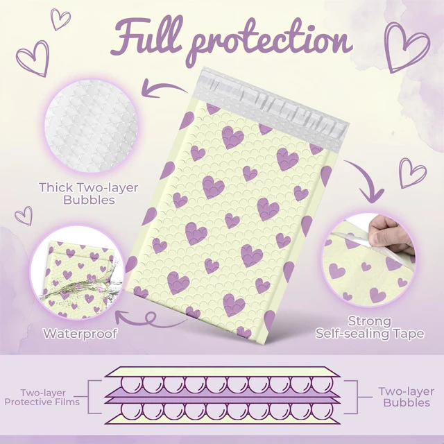 Alt view image 3 of 7 - Bubble Mailers 6x10" Padded Envelopes 100 Pack Usable Size 6x9" #0 Self Seal Bubble Envelopes Small Padded Mailers for Small Business Shipping Bag, Gifts, Jewelry, Makeup,Purple Heart In Beige