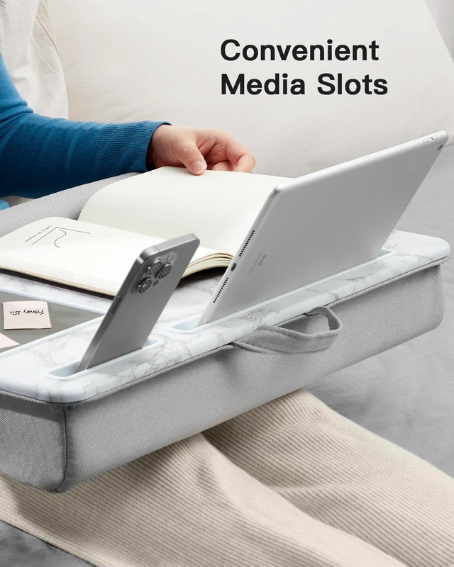 Alt view image 6 of 7 - Lap Desk - Fits up to 17 inches Laptop Desk, Marbling Built in Mouse Pad & Wrist Pad for Laptop, Tablet, Lap Stand with Tablet, Pen & Phone Holder for Home Office Students Use