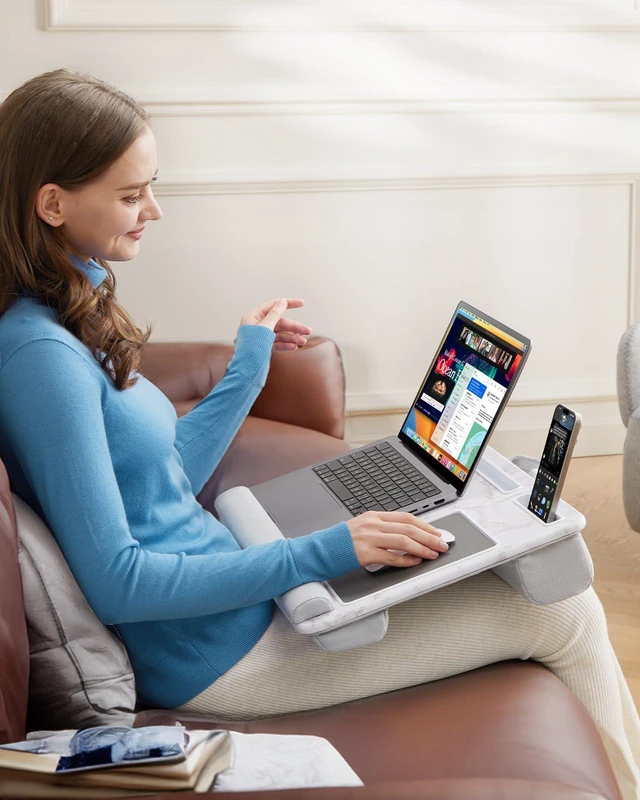 Alt view image 7 of 7 - Lap Desk - Fits up to 17 inches Laptop Desk, Marbling Built in Mouse Pad & Wrist Pad for Laptop, Tablet, Lap Stand with Tablet, Pen & Phone Holder for Home Office Students Use
