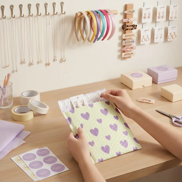 Alt view image 6 of 7 - Bubble Mailers 6x10" Padded Envelopes 100 Pack Usable Size 6x9" #0 Self Seal Bubble Envelopes Small Padded Mailers for Small Business Shipping Bag, Gifts, Jewelry, Makeup,Purple Heart In Beige