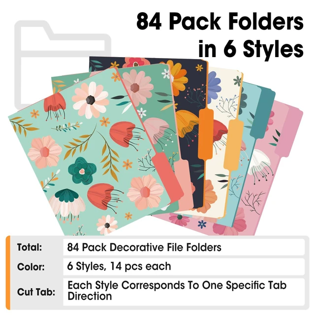 Alt view image 6 of 7 - 84 Pack Decorative File Folders, 1/3 Cut Tab Floral Colored Folders Letter Size 8.8 x 11.6 Inch, Assorted 6 Styles Filing Folder for Office School Business