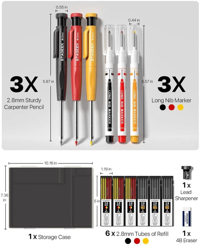 Alt view image 7 of 7 - 2.8mm Carpenter Pencils with Sharpener, 3-Pack, Storage Case 39 Refills, Deep Hole Long Nib Marker, Waterproof Heavy Duty Woodworking Tools for Architect Construction Electricians