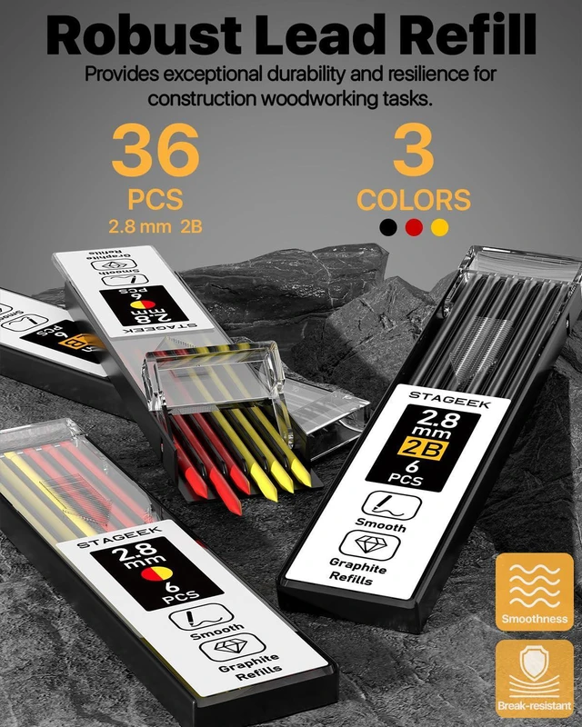 Alt view image 5 of 7 - 2.8mm Carpenter Pencils with Sharpener, 3-Pack, Storage Case 39 Refills, Deep Hole Long Nib Marker, Waterproof Heavy Duty Woodworking Tools for Architect Construction Electricians
