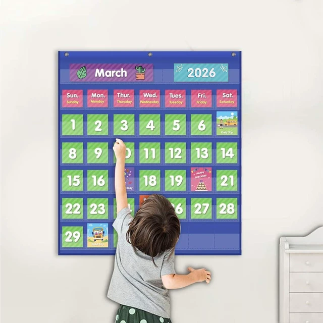 Alt view image 7 of 7 - Classroom Monthly Calendar Pocket Chart with 71 Cards for Kids Learning for Home,Blue