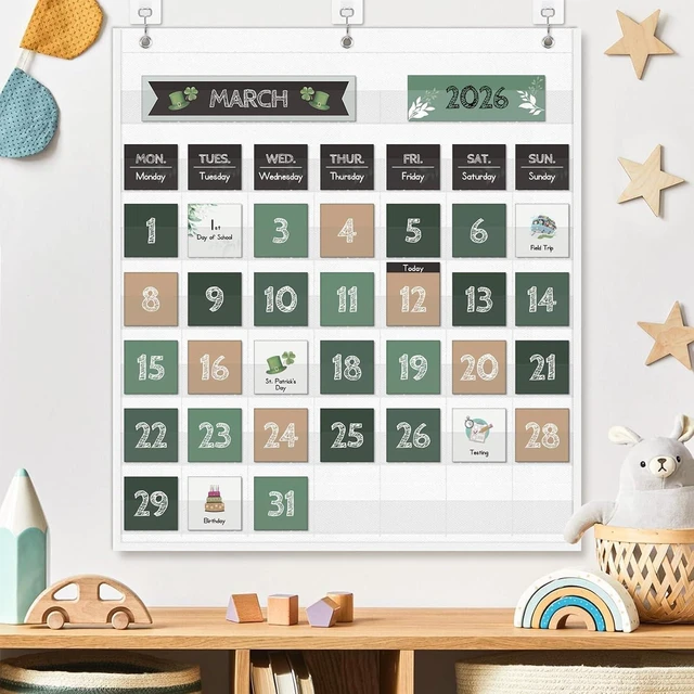 Alt view image 2 of 7 - Boho Greenery Calendar Pocket Chart with 82 Cards for Kids Learning,Classroom and Home School Décor