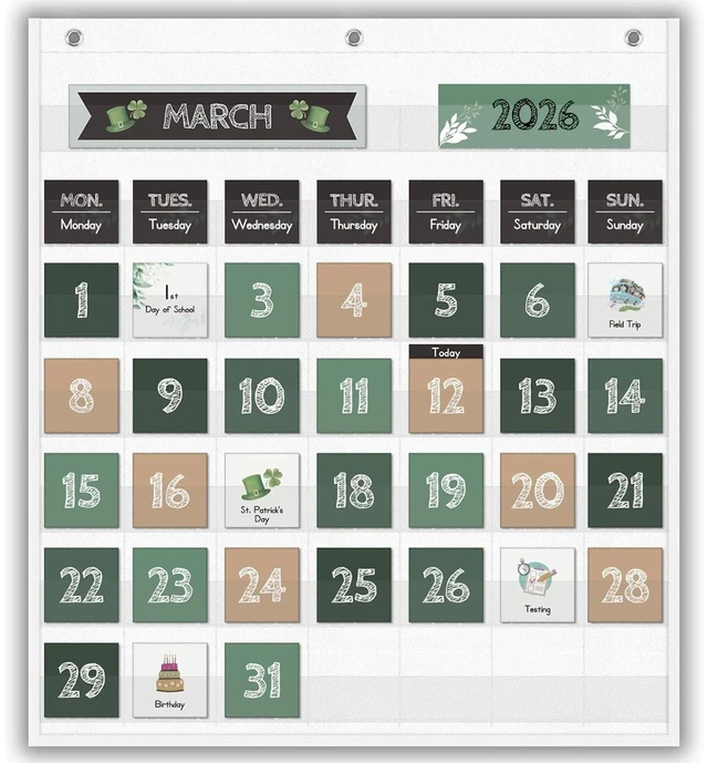 Main image of Boho Greenery Calendar Pocket Chart with 82 Cards for Kids Learning,Classroom and Home School Décor