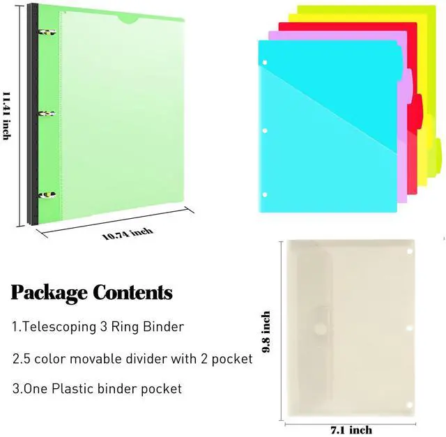 Alt view image 2 of 7 - 1 Inch 3-Ring Telescoping Project Organizer Binder,13 Pocket, Customizable Front Cover, 5 Colors Pocket Divider and Plastic Binder Pocket225 Sheet Capacity-Green
