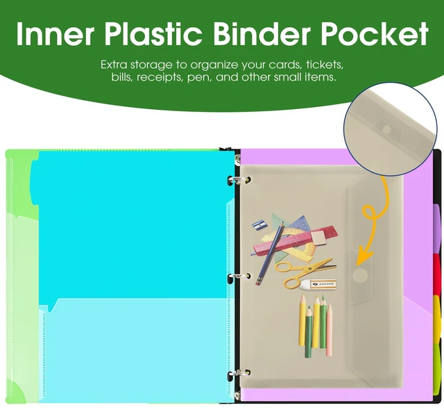 Alt view image 5 of 7 - 1 Inch 3-Ring Telescoping Project Organizer Binder,13 Pocket, Customizable Front Cover, 5 Colors Pocket Divider and Plastic Binder Pocket225 Sheet Capacity-Green
