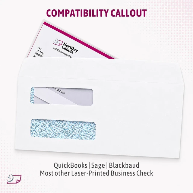 Alt view image 2 of 7 - #9 Double Window Check Envelopes, Made in USA, 500 Pack Ready-Seal Security Tinted Envelopes for QuickBooks, Sage 100, Blackbaud Checks, Self-Sealing Laser-Compatible, Quicken