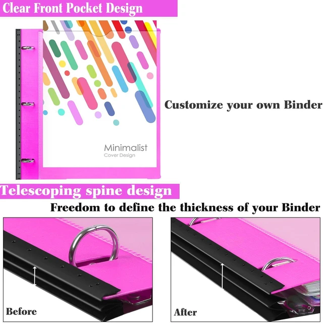 Alt view image 4 of 7 - 1 Inch 3-Ring Telescoping Project Organizer Binder,13 Pocket, Customizable Front Cover, 5 Colors Pocket Divider and Plastic Binder Pocket225 Sheet Capacity-Pink