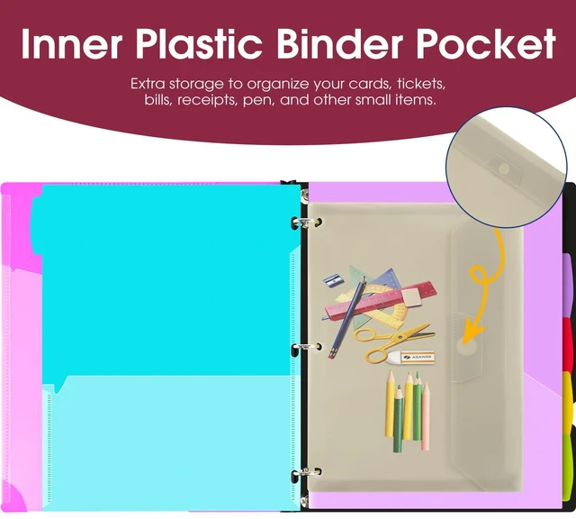 Alt view image 5 of 7 - 1 Inch 3-Ring Telescoping Project Organizer Binder,13 Pocket, Customizable Front Cover, 5 Colors Pocket Divider and Plastic Binder Pocket225 Sheet Capacity-Pink