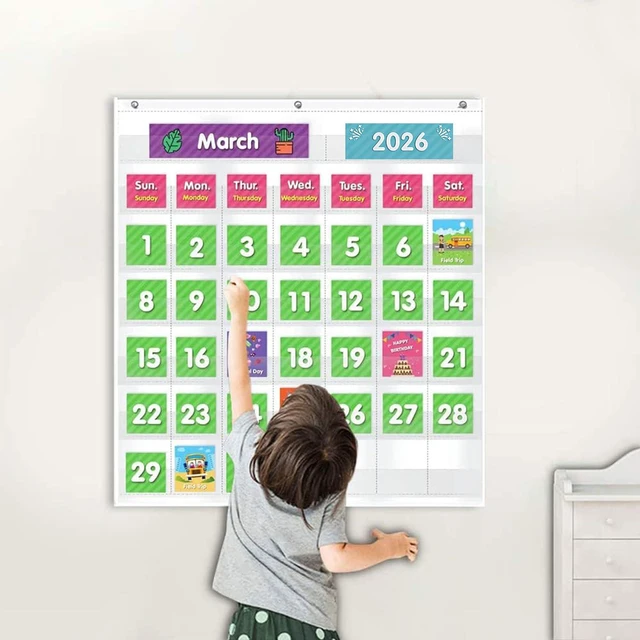 Alt view image 6 of 6 - Classroom Monthly Calendar Pocket Chart with 71 Cards for Kids Learning for Home,White
